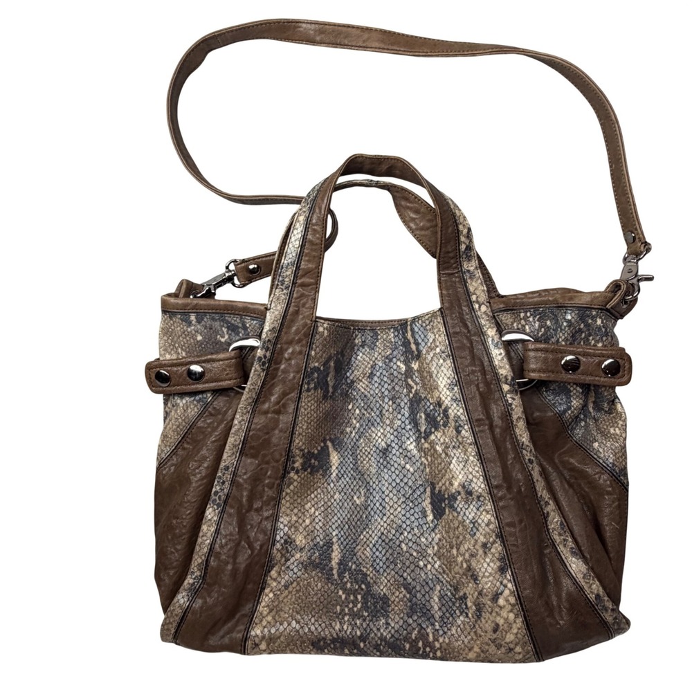 Kooba Leather Python Print Satchel Brown Snake Y2K Boho Convertible Bag Large